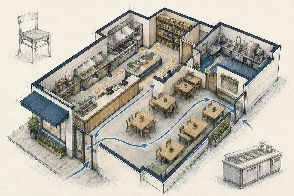 Illustrated restaurant cutaway with dining, ordering, kitchen and storage zones connected by simple movement arrows.