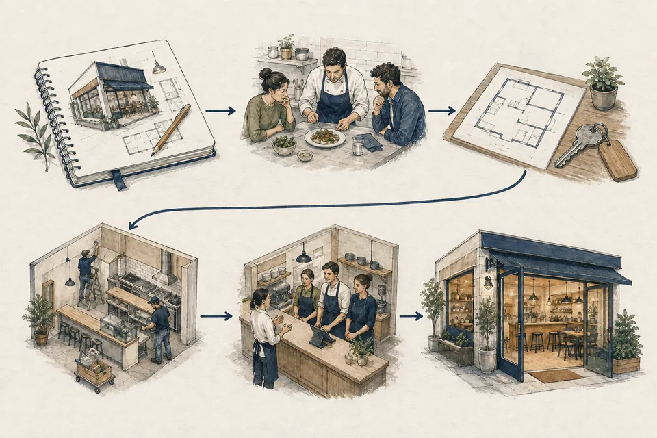 Field-journal illustration linking a restaurant concept, menu test, premises, fit-out, team rehearsal and an open restaurant.