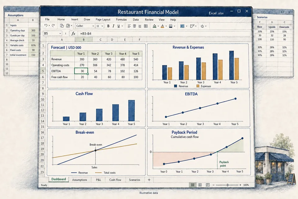 Ink and watercolor concept of an editable Excel financial model with populated forecasts and Revenue, Cash Flow, EBITDA, Break-even and Payback Period charts.