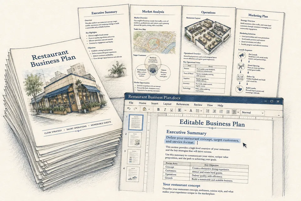 Ink and watercolor illustration of a substantial loose-page Restaurant Business Plan beside an editable document window with selected text and formatting controls.