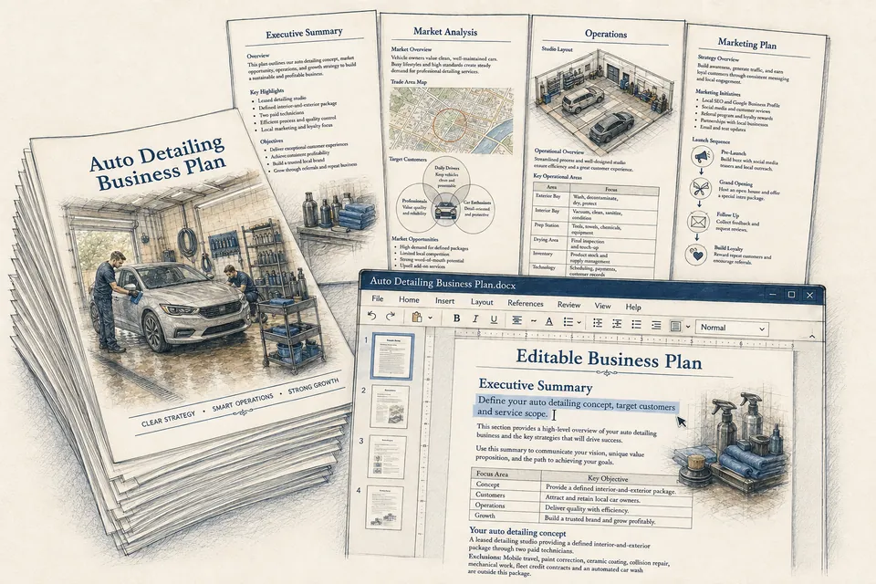 Conceptual business-plan manuscript for an auto detailing business, with section sheets and an editable document window.