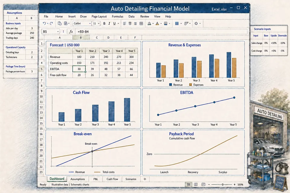 Conceptual editable Excel financial model for an auto detailing business, with illustrative populated forecasts, assumptions and schematic cash-flow, break-even and payback charts.