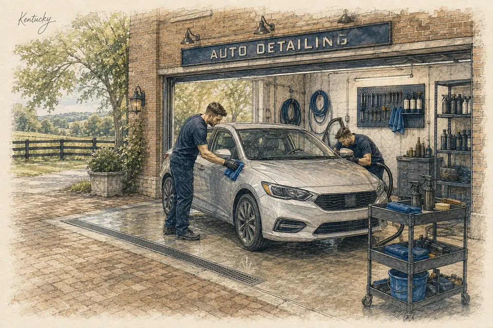 Original Kentucky-inspired illustration of a leased detailing studio providing a defined interior-and-exterior package through two paid technicians. The setting is conceptual.
