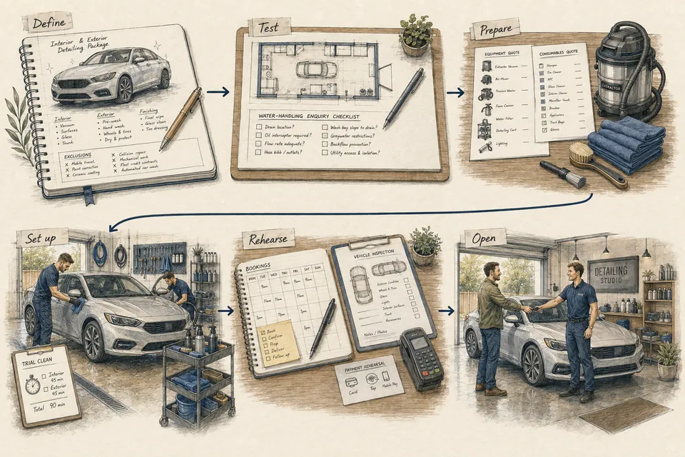 Illustrated auto detailing launch sequence from defining the service and checking the site to a trial and customer handover.