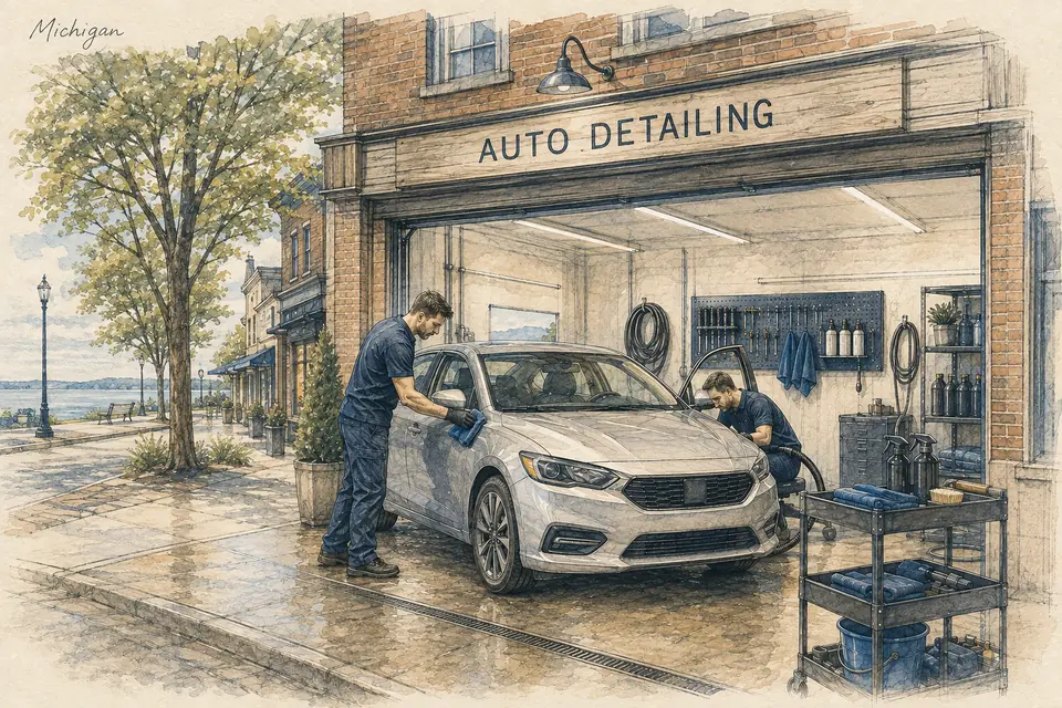 Original Michigan-inspired illustration of a leased detailing studio providing a defined interior-and-exterior package through two paid technicians. The setting is conceptual.