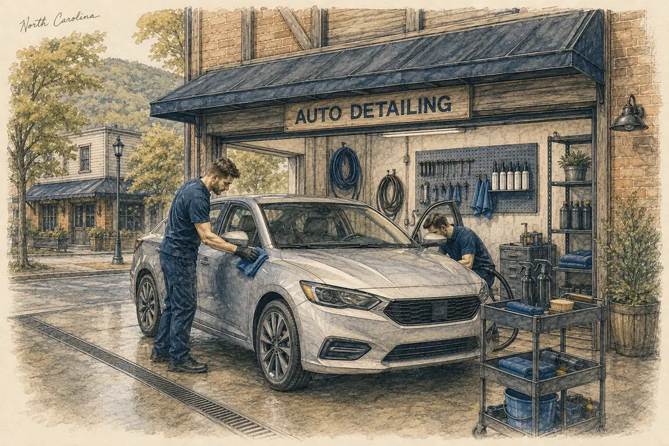 Original North Carolina-inspired illustration of a leased detailing studio providing a defined interior-and-exterior package through two paid technicians. The setting is conceptual.