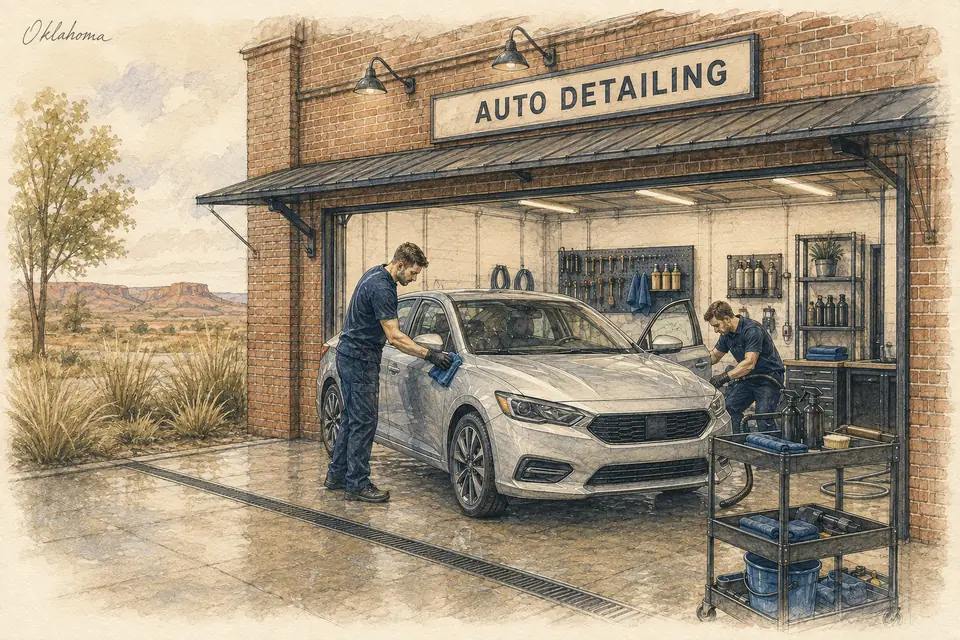 Original Oklahoma-inspired illustration of a leased detailing studio providing a defined interior-and-exterior package through two paid technicians. The setting is conceptual.
