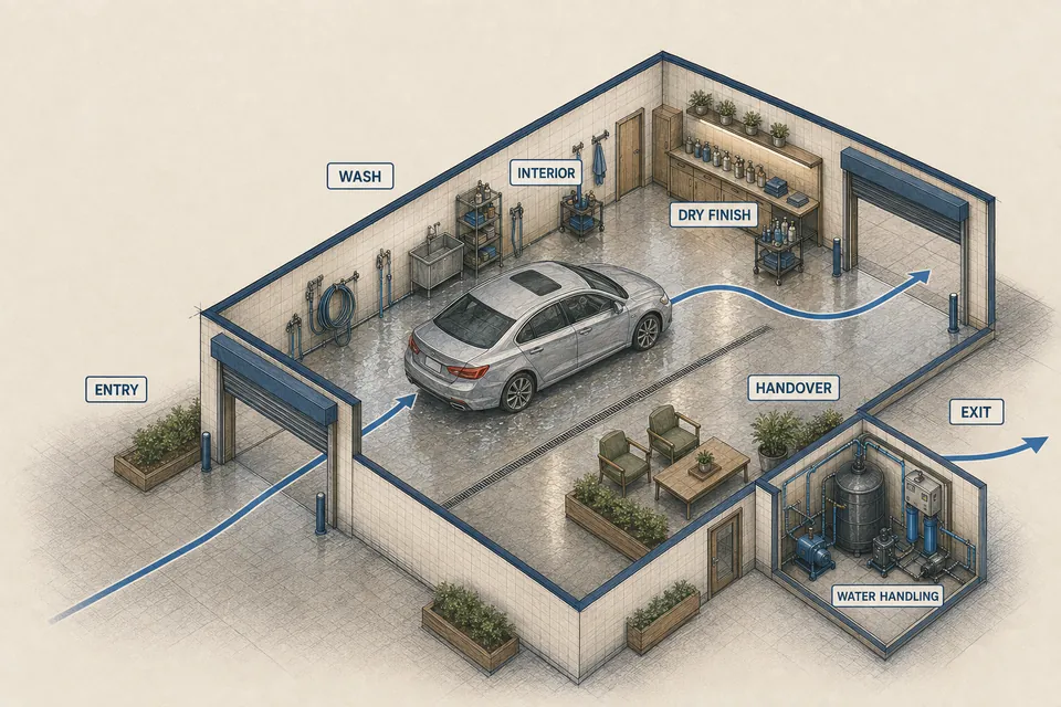 Axonometric auto detailing plan with two vehicle-width doors and a continuous route through wash, interior, dry-finish and handover zones.