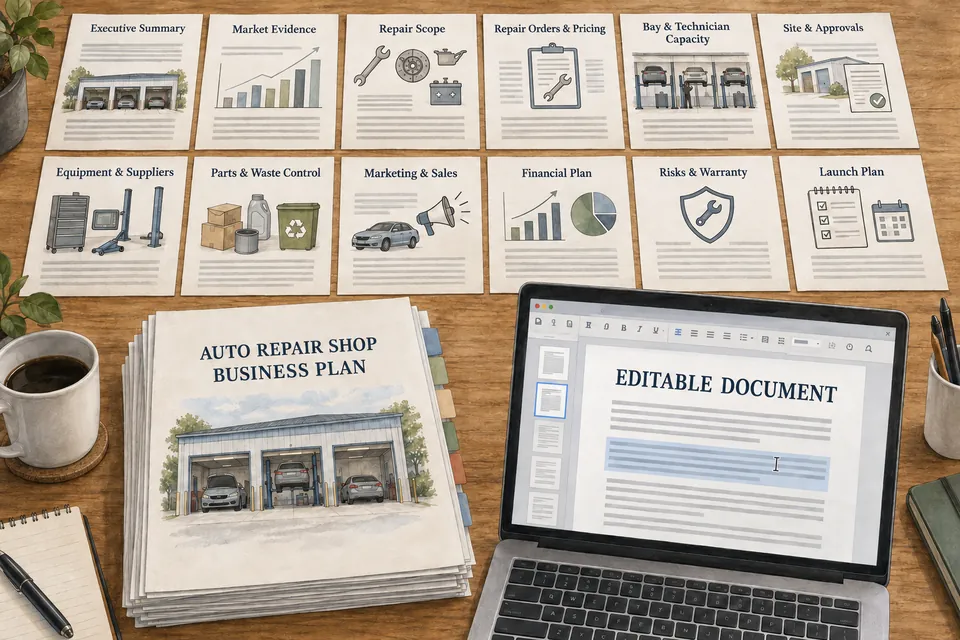 Conceptual editable Auto Repair Shop business-plan manuscript with repair scope, repair-order pricing, bay and technician capacity, site, equipment, parts, waste, sales, financial, warranty-risk and launch sections beside an active document editor.