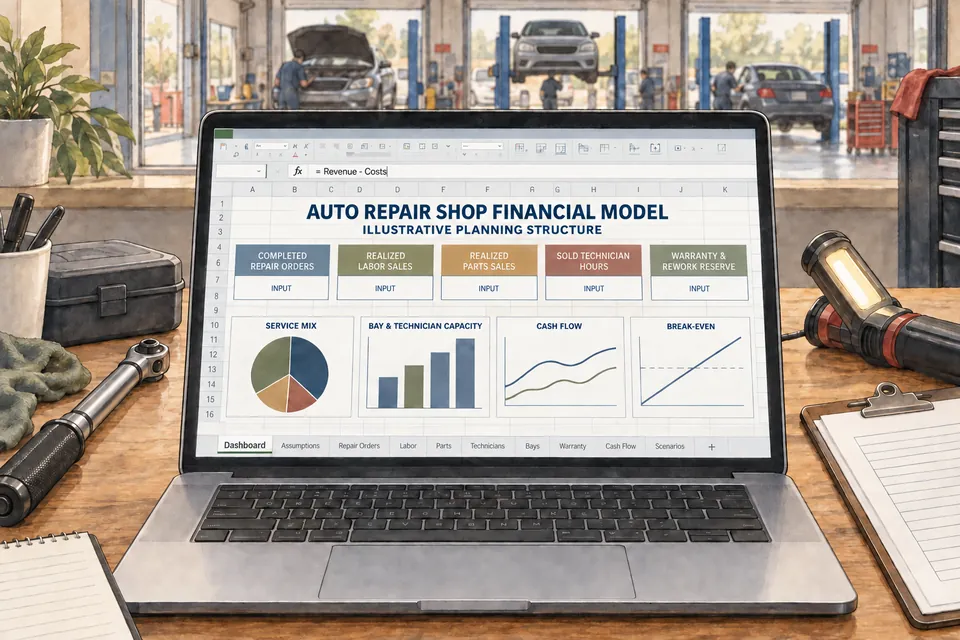 Conceptual Auto Repair Shop financial workbook connecting completed repair orders, realized labor and parts sales, sold technician hours, bay capacity, warranty and rework reserve, cash flow and break-even without claimed results.