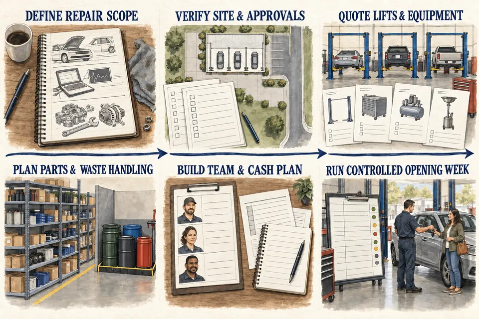 Six-stage ink-and-watercolor Auto Repair Shop launch map from defining repair scope and verifying the site through equipment quotes, parts and waste planning, team and cash planning, and a controlled opening week.