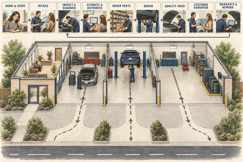 Conceptual ink-and-watercolor Auto Repair Shop operations diagram linking repair-order intake, diagnosis, authorization, parts, three-bay workflow, quality control, customer handover and warranty or rework follow-up.
