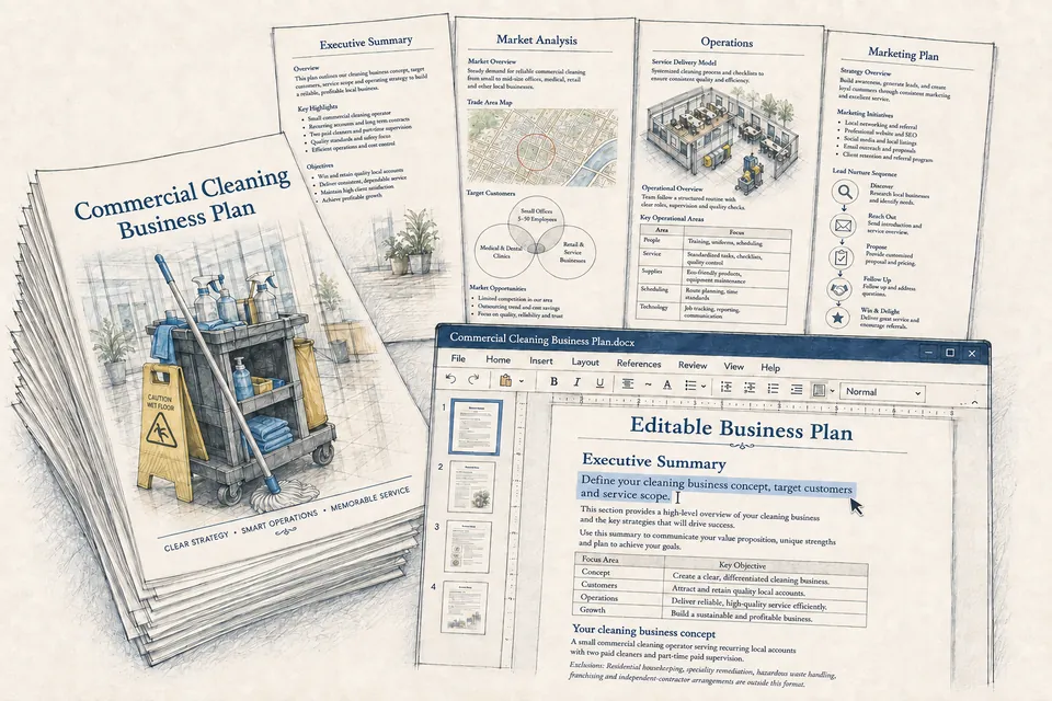 Conceptual business-plan manuscript for a cleaning business, with section sheets and an editable document window.