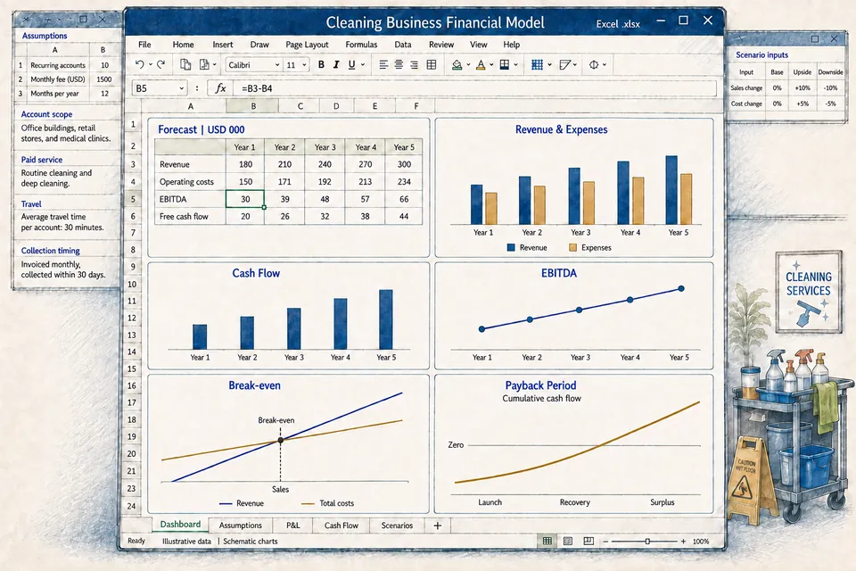 Conceptual editable Excel financial model for a cleaning business, with illustrative populated forecasts, assumptions and schematic cash-flow, break-even and payback charts.