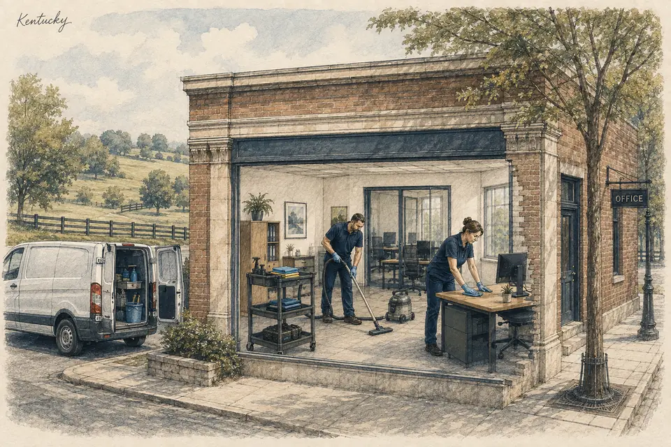 Original Kentucky-inspired illustration of a small commercial cleaning operator serving recurring local accounts with two paid cleaners and part-time paid supervision. The setting is conceptual.