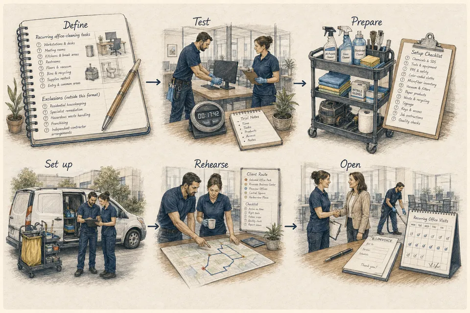 Illustrated cleaning business launch sequence from defining the service and checking the site to a trial and customer handover.