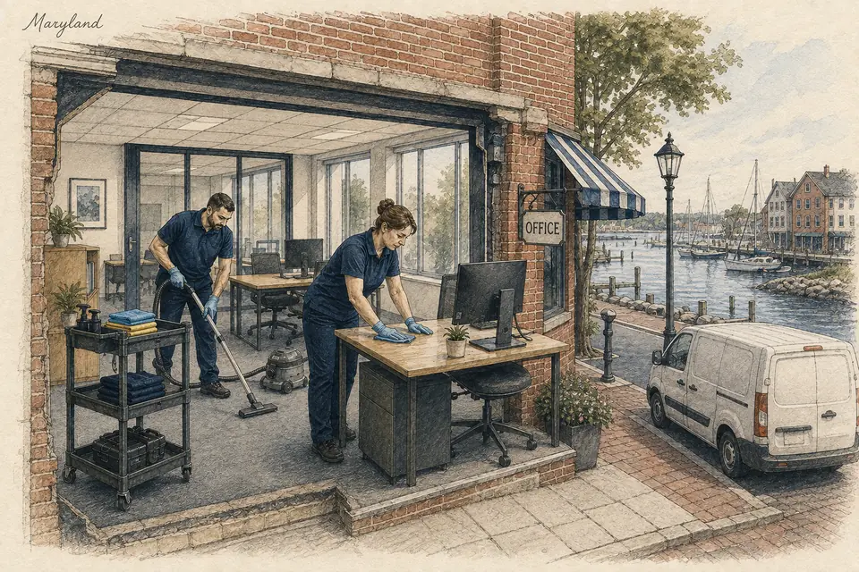 Original Maryland-inspired illustration of a small commercial cleaning operator serving recurring local accounts with two paid cleaners and part-time paid supervision. The setting is conceptual.