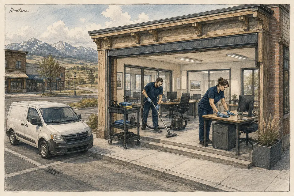 Original Montana-inspired illustration of a small commercial cleaning operator serving recurring local accounts with two paid cleaners and part-time paid supervision. The setting is conceptual.