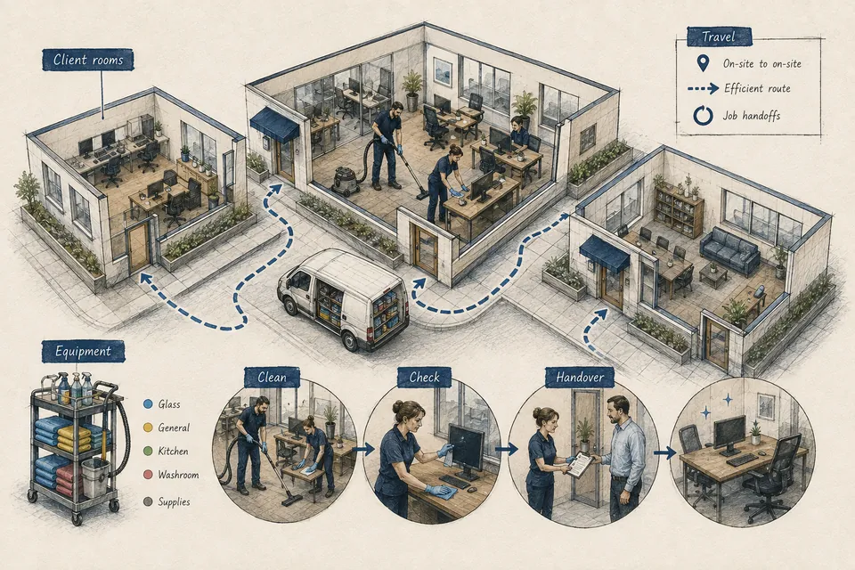Illustrated cleaning workflow connecting client rooms, equipment carts, quality checks, job handoffs and travel between recurring accounts.