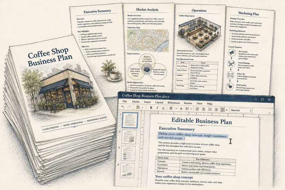 Conceptual business-plan manuscript for a coffee shop, with section sheets and an editable document window.