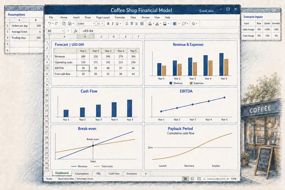 Conceptual editable Excel financial model for a coffee shop, with illustrative populated forecasts, assumptions and schematic cash-flow, break-even and payback charts.