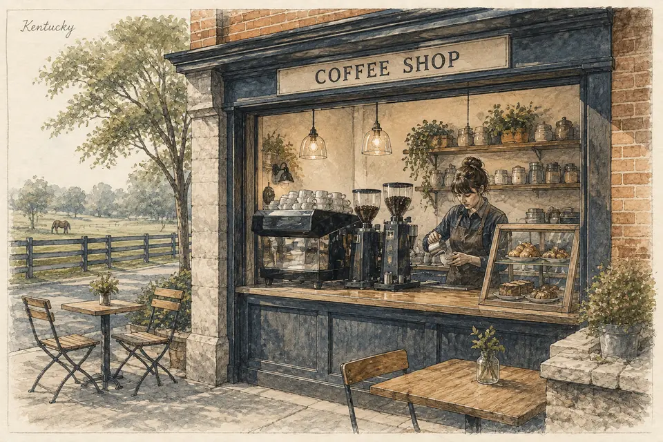 Original Kentucky-inspired illustration of a compact leased coffee shop selling espresso drinks, brewed coffee and a limited bought-in food selection. The setting is conceptual.