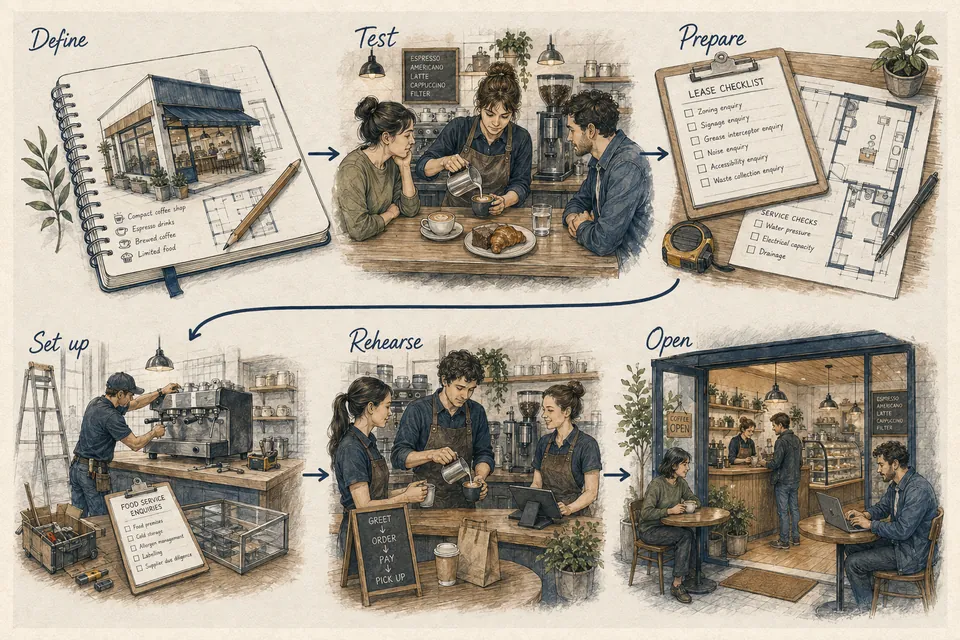 Illustrated coffee shop launch sequence from defining the service and checking the site to a trial and customer handover.