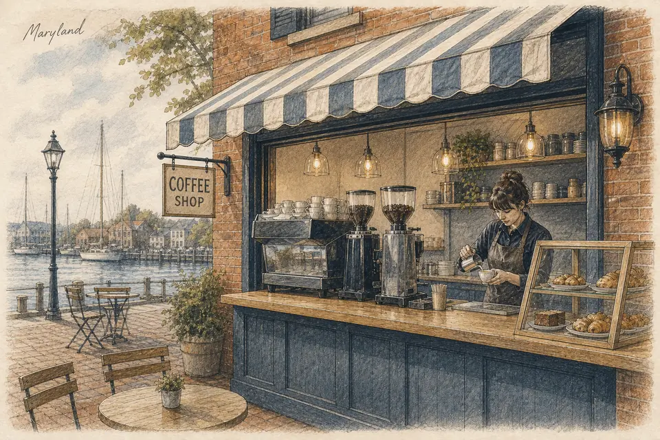 Original Maryland-inspired illustration of a compact leased coffee shop selling espresso drinks, brewed coffee and a limited bought-in food selection. The setting is conceptual.