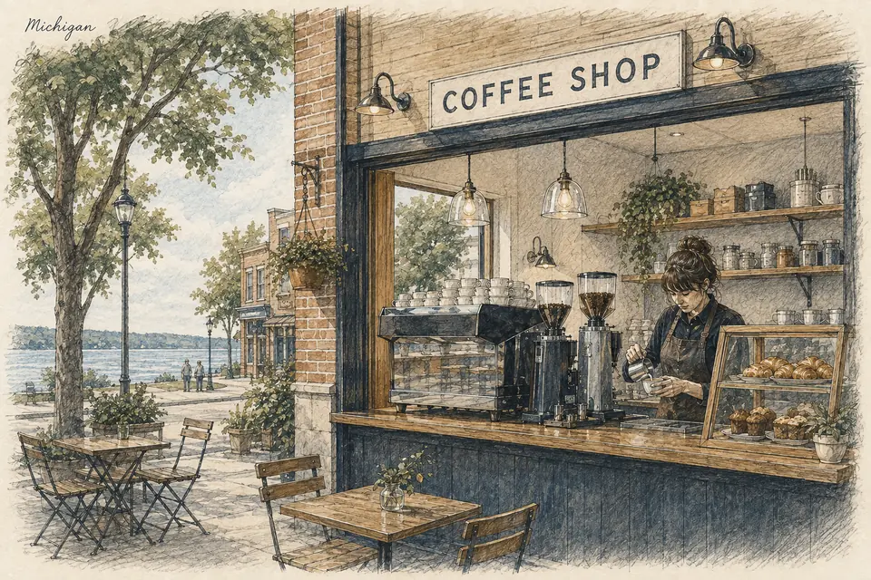 Original Michigan-inspired illustration of a compact leased coffee shop selling espresso drinks, brewed coffee and a limited bought-in food selection. The setting is conceptual.