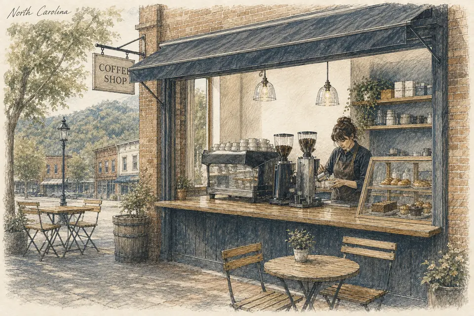 Original North Carolina-inspired illustration of a compact leased coffee shop selling espresso drinks, brewed coffee and a limited bought-in food selection. The setting is conceptual.