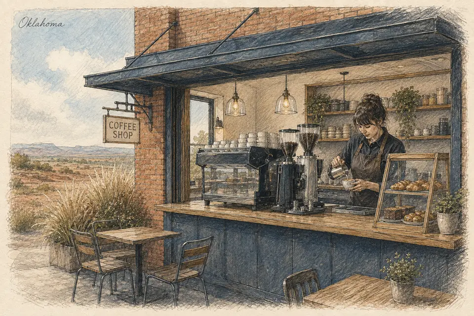 Original Oklahoma-inspired illustration of a compact leased coffee shop selling espresso drinks, brewed coffee and a limited bought-in food selection. The setting is conceptual.