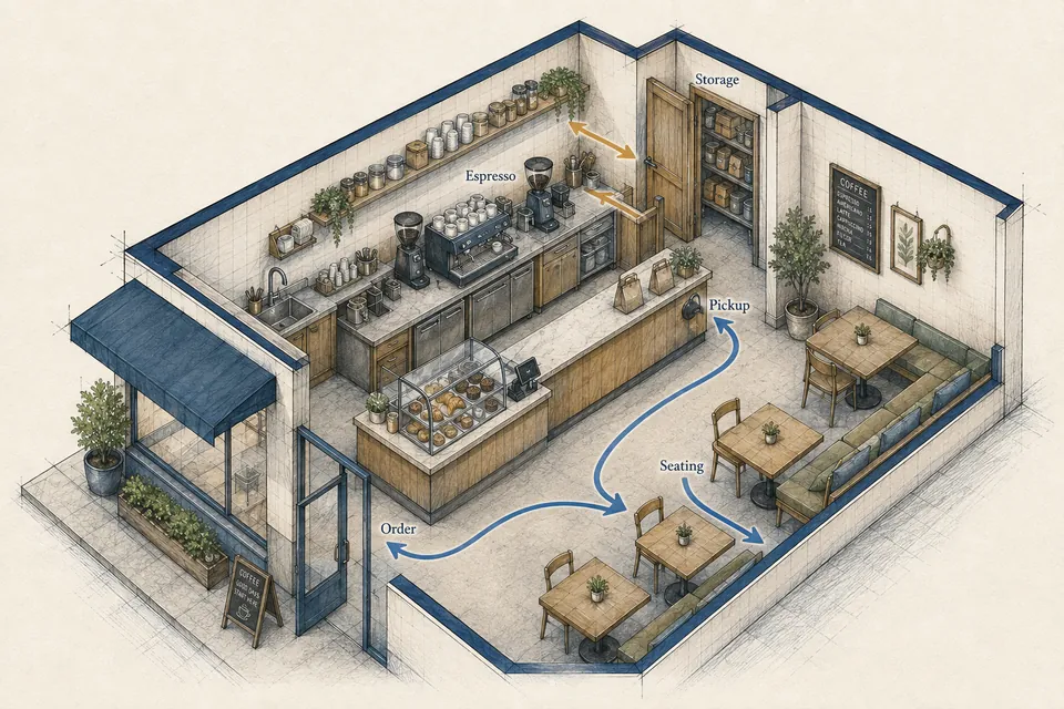 Illustrated cutaway connecting customer queue, espresso counter, pickup, storage and limited seating.