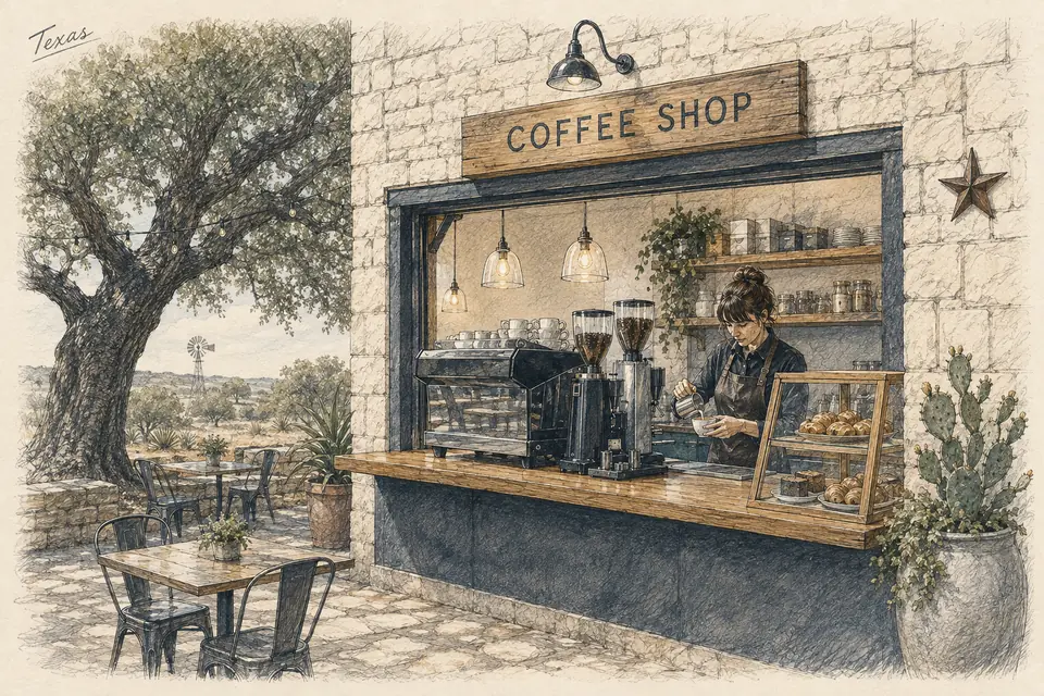 Original Texas-inspired illustration of a compact leased coffee shop selling espresso drinks, brewed coffee and a limited bought-in food selection. The setting is conceptual.