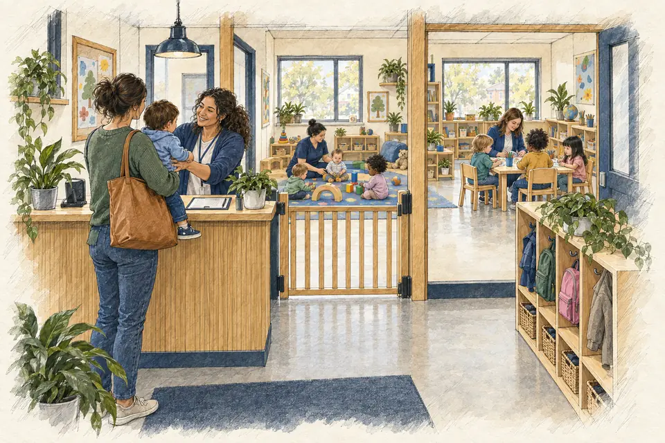 Original ink-and-watercolor illustration of a staffed neighborhood daycare center with a secure parent handoff, supervised infant and preschool activity areas, child-height furnishings and paid classroom educators.