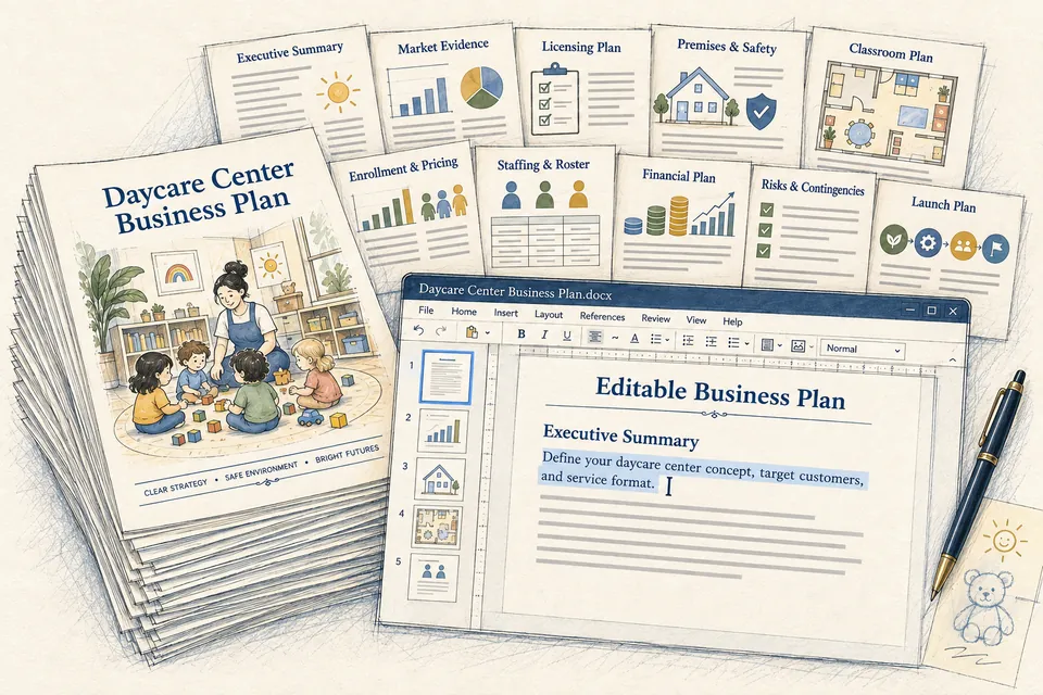 Conceptual editable Daycare Center business-plan manuscript with market evidence, licensing, premises safety, classroom planning, staffing, enrollment, financial, risk and launch sections beside an active document editor.