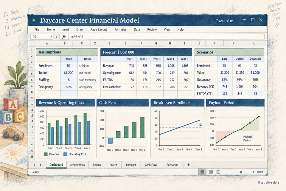 Conceptual editable Daycare Center financial workbook with age-group enrollment, realized tuition, paid staffing, operating costs, forecast, scenarios, cash flow, break-even enrollment and payback views using an illustrative scenario.