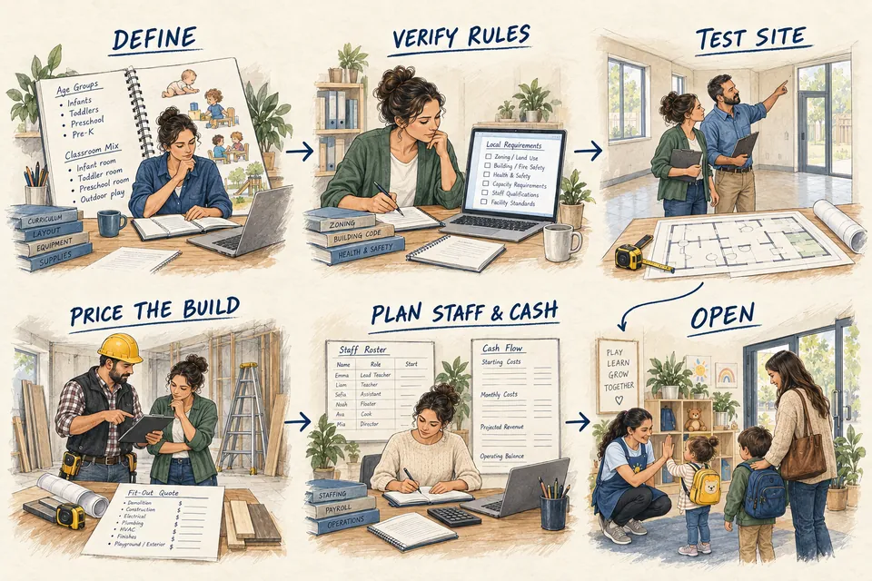 Six-stage Daycare Center launch map from defining age groups and verifying local rules through site testing, quotes, staffing and cash planning, approval steps and a supervised staged opening.