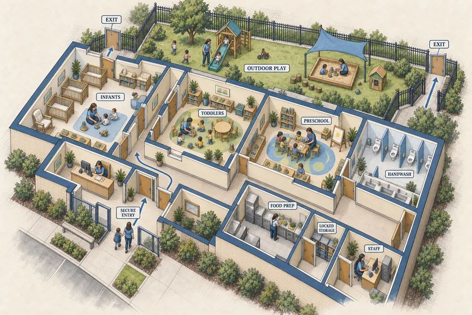 Conceptual isometric daycare-center plan showing secure entry, separate infant, toddler and preschool rooms, supervised circulation, hygiene and food-preparation separation, staff support space, locked storage, exits and fenced outdoor play; all details require local verification.