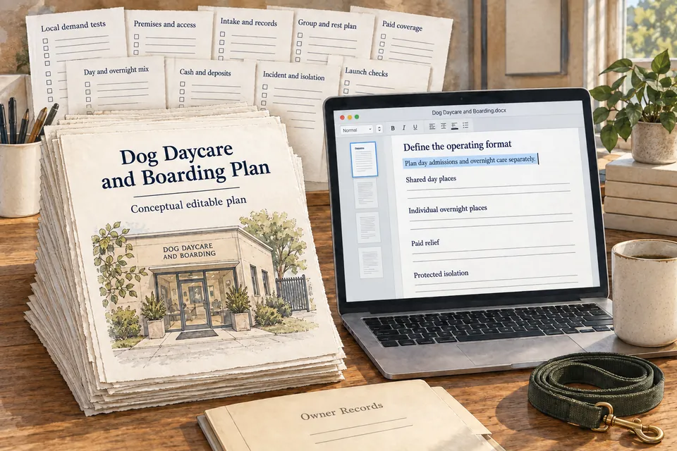 Conceptual editable Dog Daycare and Boarding manuscript with local demand tests, premises, records, group and rest, paid coverage, service mix, cash, isolation and launch sections beside a document editor with page thumbnails, selected text and an insertion caret.