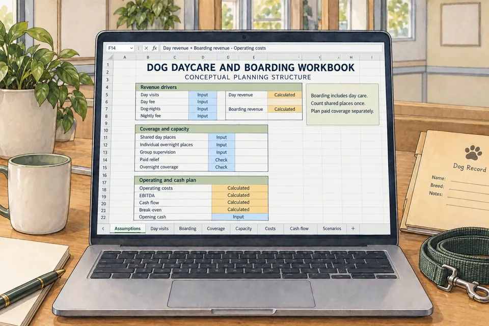 Conceptual Dog Daycare and Boarding spreadsheet connecting separate day visits and dog-nights with shared daytime places, individual overnight places, paid group, relief and overnight coverage, operating costs, EBITDA and cash planning; text inputs and calculation labels show no claimed financial amounts or charts.