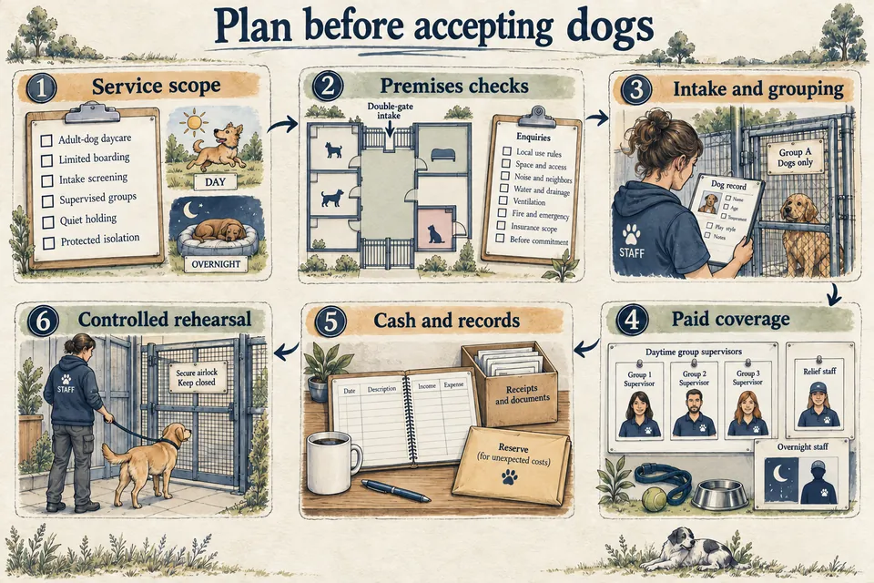 Six-stage Dog Daycare and Boarding planning map covering adult-dog service scope, premises enquiries, intake and grouping, paid group and overnight coverage, cash and records, and a controlled intake rehearsal; planning checkboxes remain uncompleted.