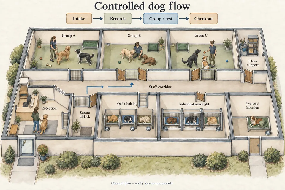 Conceptual unscaled Dog Daycare and Boarding plan with a two-gate intake airlock, separate staff corridor, three supervised secured play groups, quiet holding, individual overnight enclosures, clean support and protected isolation with separate exterior access.