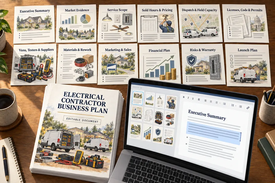 Conceptual editable Electrical Contractor business-plan manuscript with service scope, sold-hours pricing, dispatch and field capacity, licenses, code and permits, vans, testers, materials, rework, sales, financial, warranty-risk and launch sections beside an active document editor.