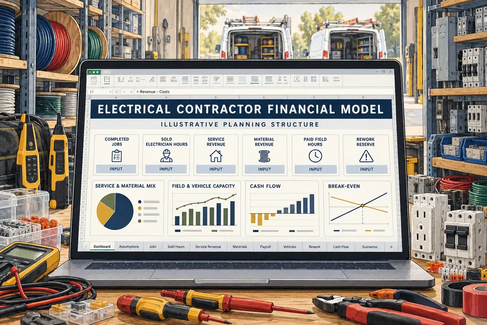 Conceptual Electrical Contractor financial workbook connecting completed jobs, sold electrician hours, service and materials revenue, paid field hours, vehicle capacity, rework, cash flow and break-even without claimed results.