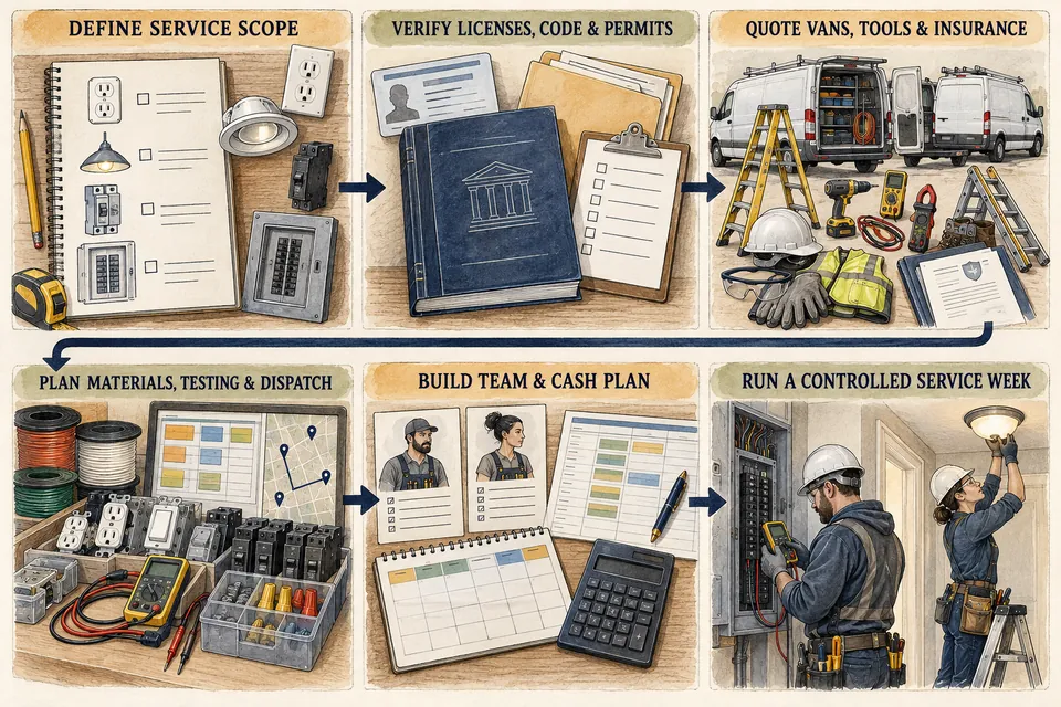 Six-stage ink-and-watercolor Electrical Contractor launch map covering service scope, licenses, code and permits, vans, tools and insurance, materials, testing and dispatch, team and cash planning, and a controlled service week.