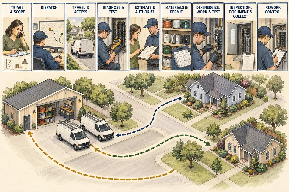 Conceptual ink-and-watercolor Electrical Contractor operations diagram linking triage, dispatch, travel and access, diagnosis and testing, authorization, materials and permit readiness, de-energized work, inspection, documentation, collection and rework control across two service routes.
