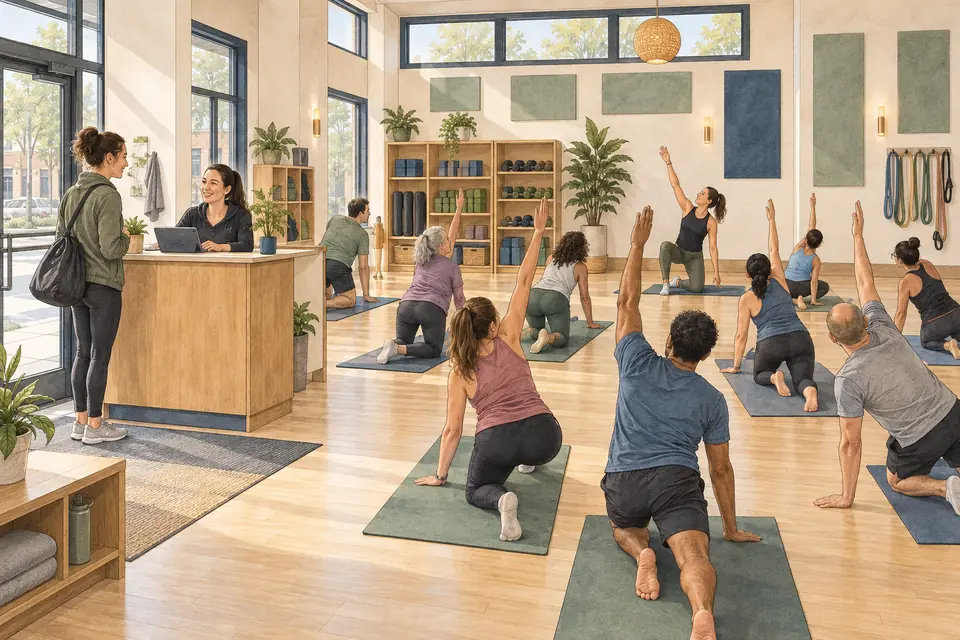 Original ink-and-watercolor illustration of a boutique Fitness Studio with an instructor leading a safely spaced group class while a coordinator checks in an arriving member.
