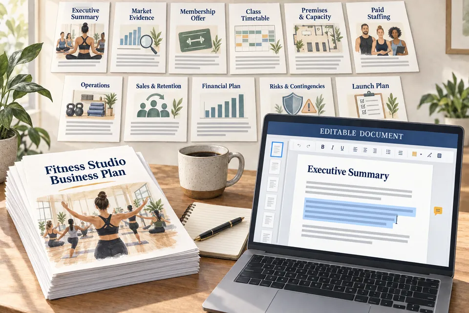 Conceptual editable Fitness Studio business-plan manuscript with membership, timetable, premises, paid staffing, operations, retention, financial, risk and launch sections beside an active document editor.