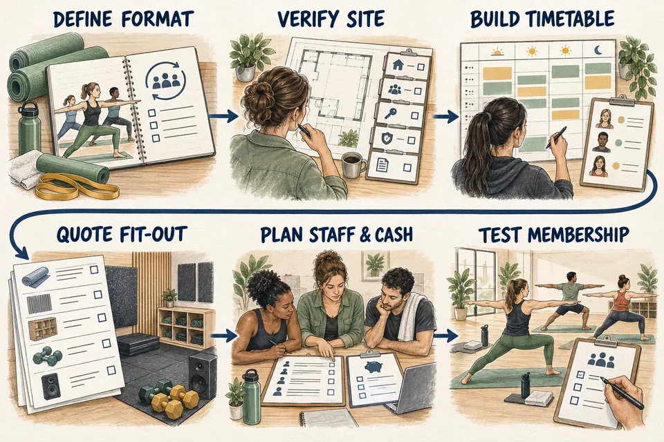 Six-stage ink-and-watercolor Fitness Studio launch map from defining the format and verifying the site through timetable design, fit-out quotes, paid staff and cash planning, and a limited membership test.