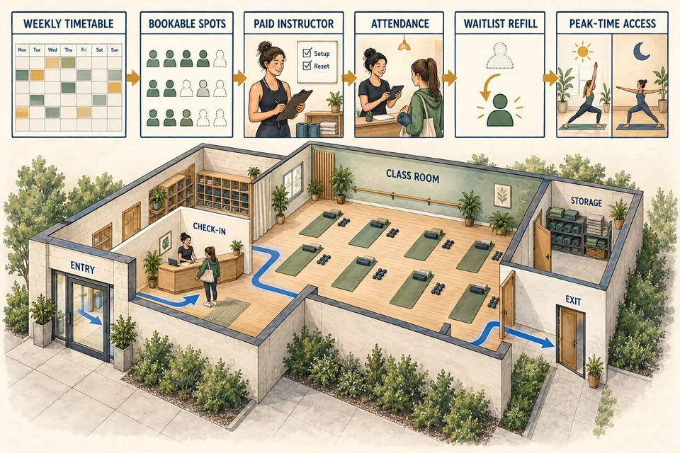 Fitness Studio class-capacity diagram linking the weekly timetable, bookable spots, paid instructor coverage, attendance, waitlist refill and peak-time access to a usable studio room.
